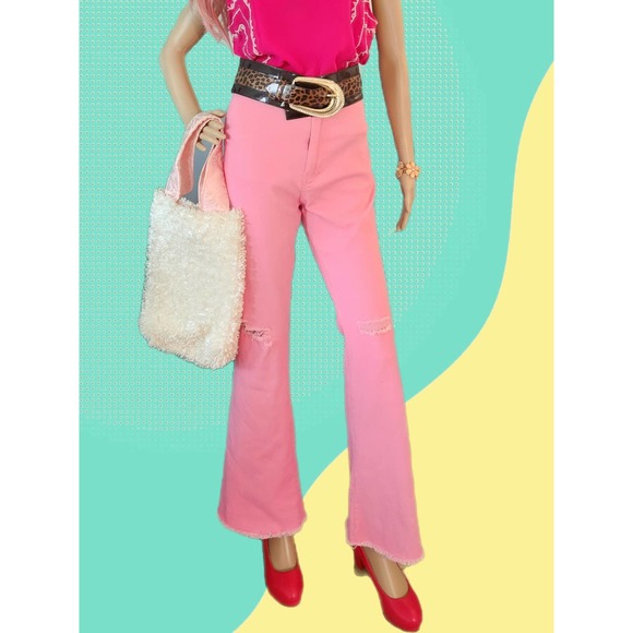 Vintage Pink Bell-bottom Jeans Flare Retro 70's Style Sz L - Picture 5 of 8